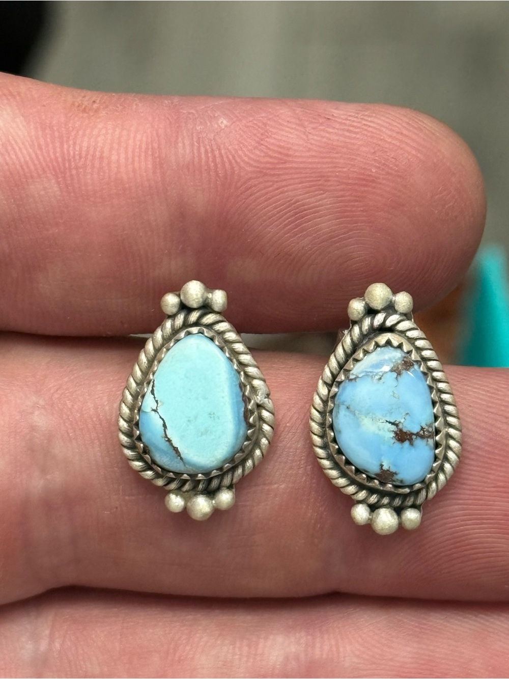 STERLING SILVER GOLDEN HILLS TURQUOISE TWIST BALL BEADED STUD EARRINGS .925 - Picture 6 of 13